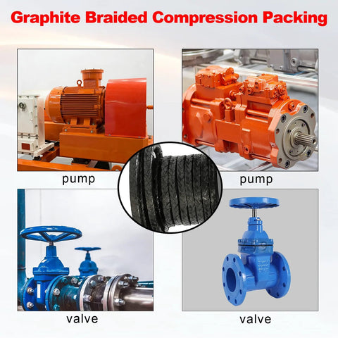 Graphite braided compression packing rope, 10 ft long, 1/8 in × 1/8 in, high-temperature chemical-resistant seal for pumps and valves