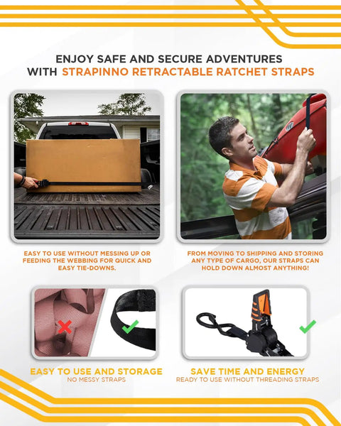 Man securing load with No-Tangle Auto Retractable Ratchet Straps 1 Inch by 6-Foot Four Pack on truck, showing ease of use.
