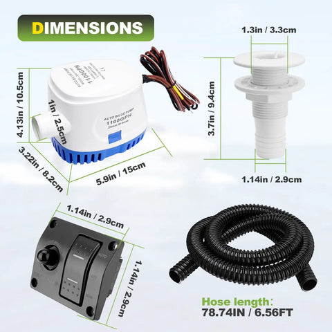 Beefed Up 1100 GPH 12V Automatic Boat Bilge Pump With Three Way Switch Panel And One And One Eighth Inch Diameter Plumbing Kit