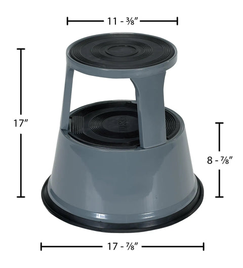 Rolling Step Stool 17 Inch Top, 500 Lb Capacity, Gray, Steel Construction, Rubber Treads, Anti Slip Base, Dimensions Shown