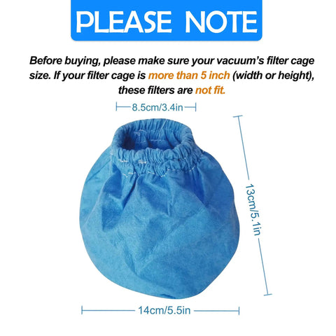 VRC2 Cloth Filter Bags For Vacmaster 1.5 To 3.2 Gallon Wet Dry Vacuums, single blue bag with dimensions 13cm by 14cm