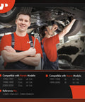 Mechanics working on car undercarriage, compatible with Honda Civic 1996-2000 and Acura EL 1997-2000 models, showing compatibility details.