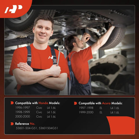 Mechanics working on car undercarriage, compatible with Honda Civic 1996-2000 and Acura EL 1997-2000 models, showing compatibility details.