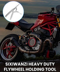 Heavy Duty Clutch Holding Tool Rock Solid Flywheel Turn Wrench on red motorcycle, designed for clutch and sprocket maintenance.