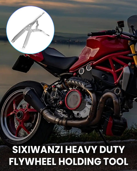Heavy Duty Clutch Holding Tool Rock Solid Flywheel Turn Wrench on red motorcycle, designed for clutch and sprocket maintenance.