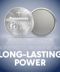 Panasonic CR2032 3V Lithium Coin Cell Battery showing detailed design, part of Cr2032 3V Lithium Coin Cell Batteries In Child Resistant Packaging Delivering Heavy Duty Power In A Top Shelf Ten Pack So Your Gadgets Run Slick And No Sweat Ever.