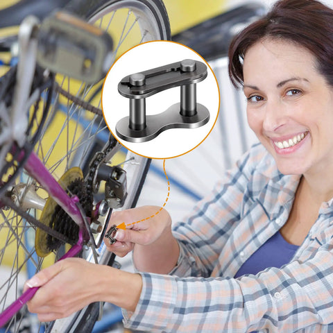 Woman fitting 10 Pack No 41 Roller Chain Connecting Links For Bicycles, Mini Bikes, Motorcycles, Go Karts, And Industrial Machinery