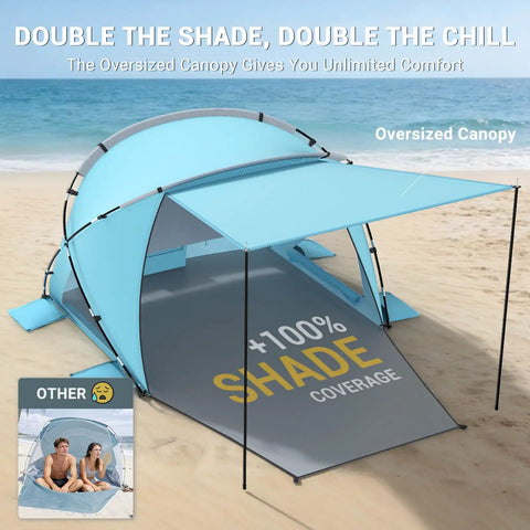 Pop Up Beach Tent With Extended Canopy For 4-6 People CumbreX Sun Shelter with 100% shade coverage on sandy beach.