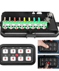 Eight Gang LED Touch Control Switch Panel With Dimmable Relay System for Trucks Boats ATVs UTVs SUVs and RVs, showing fuse panel
