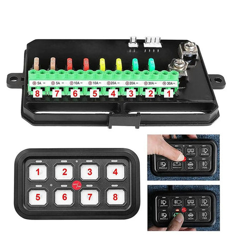Eight Gang LED Touch Control Switch Panel With Dimmable Relay System for Trucks Boats ATVs UTVs SUVs and RVs, showing fuse panel