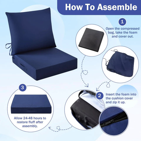 Outdoor Chair Cushions Set Twenty Four By Twenty Four Inch Deep Seat And Twenty Five By Twenty Two And A Half Inch Back Cushion Waterproof Fade Resistant Navy Blue assembly instructions