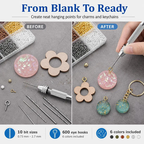 Pro Grade Pin Vise Hand Drill Set With Stainless Steel Pin Vise, 10 Drill Bits From 0.8mm To 3mm, 600 Multi Color Eye Hooks For Jewelry Making Resin Casting And DIY Crafts. Pin vise hand drill set with bits and eye hooks for resin charms and keychains