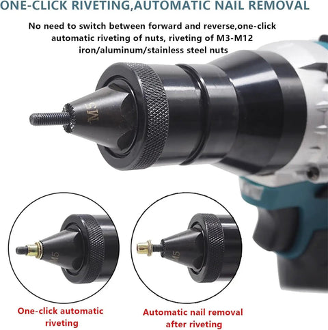 Close-up of M3 and M5 heads for Badass Heavy Duty Cordless Electric Rivet Nut Tool Built For Hardcore Garage Work.