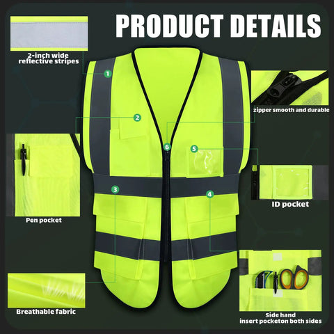 10 Pack Reflective Safety Vests With Pockets And Zipper, fluorescent green with 2-inch reflective strips, breathable fabric