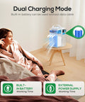 Woman relaxing in bed by 4 In 1 Portable Evaporative Air Cooler With App Control, highlighting dual charging mode on a table.