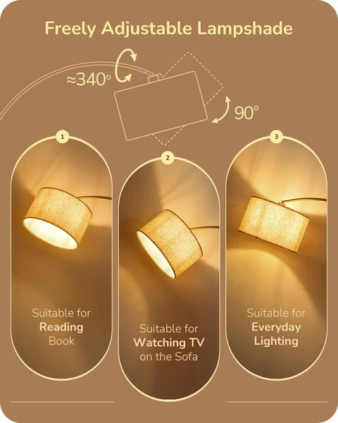 Gold Arched Floor Lamp With Remote And Dimmable Bulb Included Tall Mid Century Modern Reading Lamp illustrating shade adjustment angles for reading, TV, and lighting.