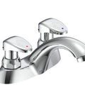 Two Handle Metering Commercial Bathroom Faucet With Chrome Finish And Vandal Resistant Color Coded Lever Handles Durable Industrial Grade Chrome Faucet For High Traffic Restrooms