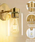 Brushed Gold Wall Sconces Set Of Two With Clear Glass Shades, close-up with E26 base and brushed brass gold finish for bathrooms