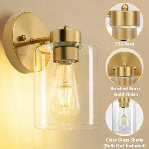Brushed Gold Wall Sconces Set Of Two With Clear Glass Shades, close-up with E26 base and brushed brass gold finish for bathrooms
