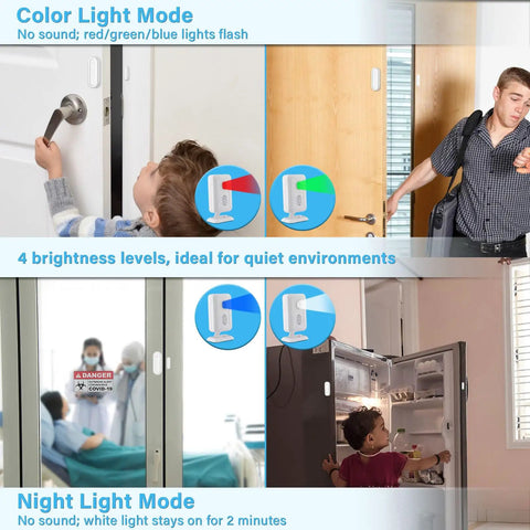 5-In-1 Wireless Door Alarm Chime With LED Lights And Welcome Doorbell showing color light modes and nighttime security features