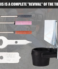 Chainsaw Sharpening Attachment Kit For Dremel And Rotary Tools With Universal Gardening Tool Attachment And Lawn Mower Sharpener, Chainsaw Sharpener Attachment Plus Three Alumina Stones And Angle Guide For Outdoor Tools, tools and accessories visible.