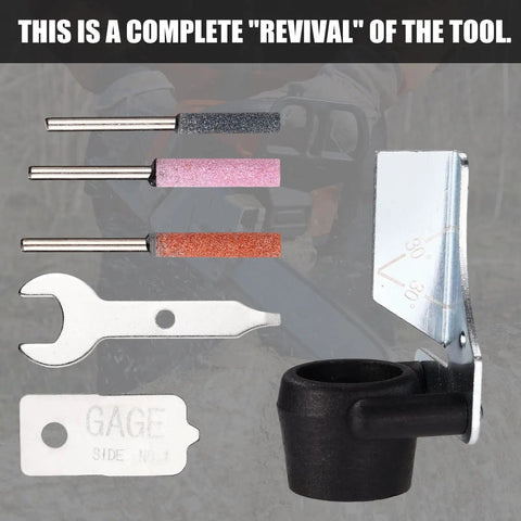 Chainsaw Sharpening Attachment Kit For Dremel And Rotary Tools With Universal Gardening Tool Attachment And Lawn Mower Sharpener, Chainsaw Sharpener Attachment Plus Three Alumina Stones And Angle Guide For Outdoor Tools, tools and accessories visible.