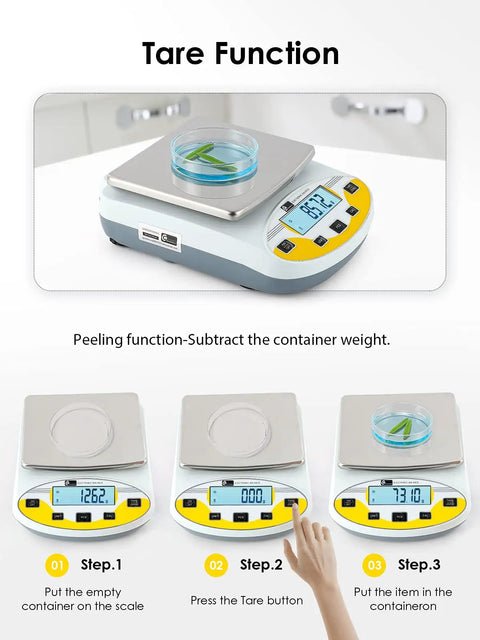 Pro Grade High Precision Lab Scale 5000g X 0.01g Digital Analytical Balance with tare function demonstration