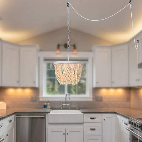 Plug In Wood Beaded Chandelier With 20 Foot Hanging Cord 3 Light Boho Farmhouse Ceiling Fixture For Bedrooms Rustic White Metal Finish