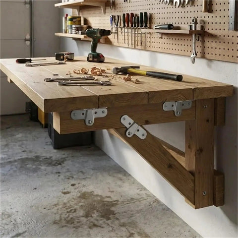 Dead Simple Install Iron Folding Table Hinge Chicken Beak Furniture Hardware For Storage And Craft Projects Rock Solid Metal Bracket on a workbench.