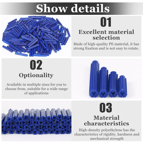 Go To Hardware Package With Two Hundred Expanding Plastic Screw Anchors For Concrete And Drywall Installations Lock Tight Heavy Duty Grip Fits Standard Wall Screws Easy Setup In Blue, blue PE anchors piled together.