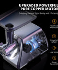 Close-up of Heavy Duty Electric Meat Grinder With Strainer And Tomato Sauce Press Maker, showing upgraded pure copper motor.