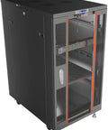 Heavy Duty 27U Floor Standing Server Rack Featuring 39 Inch Depth Locking Glass Door Built In Cooling Fans with adjustable shelves.