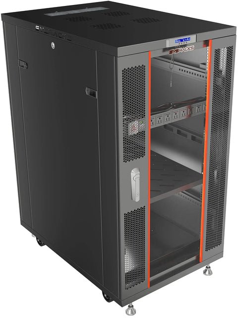 Heavy Duty 27U Floor Standing Server Rack Featuring 39 Inch Depth Locking Glass Door Built In Cooling Fans with adjustable shelves.
