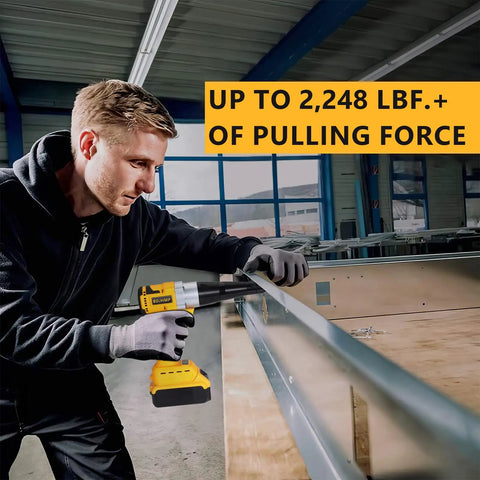 Man using Cordless Rivet Gun Tool 20V Max Battery Compatible Brushless Automatic Rivet Gun for 1/8 5/32 3/16 Inch Rivets