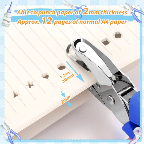 Six Piece Craft Hole Punch Set With One Quarter Inch Punches for Scrapbooking showing punch design and thickness capability.