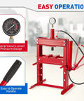 Ten Ton Rock Solid H Frame Hydraulic Shop Press With Quick Swap Plates showcases easy-to-operate handle and pressure gauge.