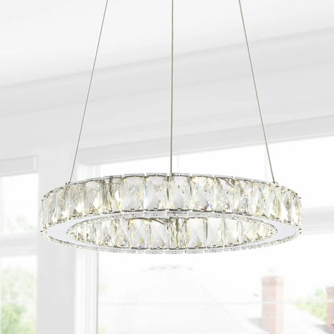 Chrome 1 Light Integrated LED Pendant With Crystal Ring Dope Adjustable Height Modern Glam Dining Room Chandelier Dimmable ETL Listed