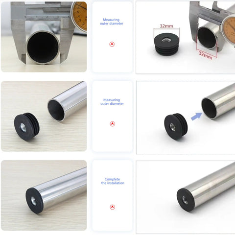Measurement and installation of Six Pack 1.5 Inch Threaded Tube Plugs For Furniture Legs With M8 Screw Holes Black Plastic Round Nut Plugs