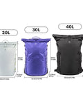 Ultralight Camera Backpack For Photographers Expandable To 40L Space Black next to 20L grey and 30L purple backpacks