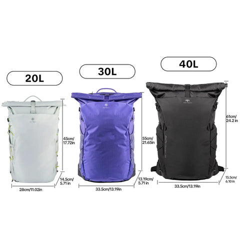 Ultralight Camera Backpack For Photographers Expandable To 40L Space Black next to 20L grey and 30L purple backpacks
