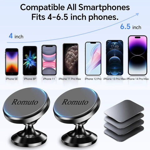 2 Pack Magnetic Phone Holder For Car Dashboard With Strong Magnet And Metal Plate Included The Ultimate Universal Car Phone Mount For iPhone 17 Pro Max 16 15 14 13 12 Keeping Your Device Secure While You Ride. Image displays magnetic holders and metal plates compatible with smartphones.