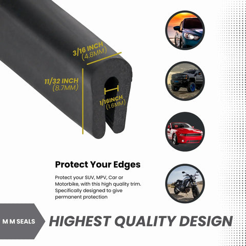 U Channel Edge Trim Rubber Seal EPDM Black 0.34 In High By 0.19 In Wide Ten Foot Length Adhesive Required For Install Flexible Durable Edge Guard For Sharp Exposed Edges