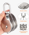 M50 Double Sheave Pulley Block 304 Stainless Steel 2 Pack With Swivel Hook For Heavy Duty Lifting shown in hand