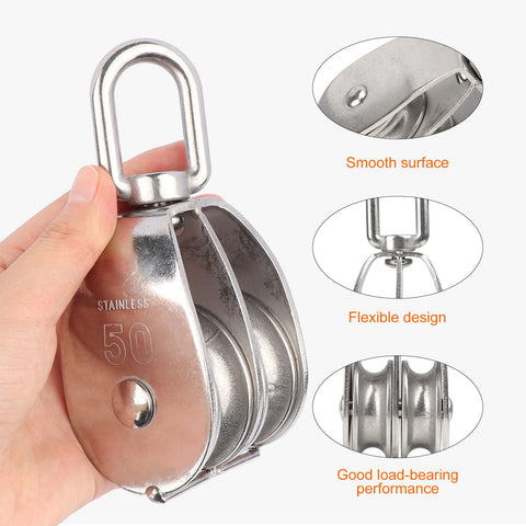 M50 Double Sheave Pulley Block 304 Stainless Steel 2 Pack With Swivel Hook For Heavy Duty Lifting shown in hand