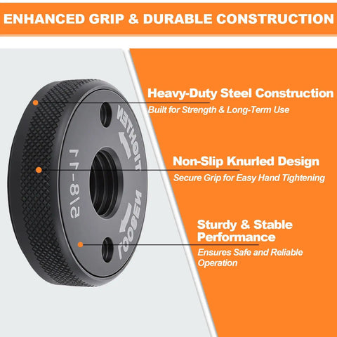 Quick Change Angle Grinder Nuts Five Eight Eleven Thread Spindle Lock Self Locking Two Pack with non-slip knurled design and steel construction.