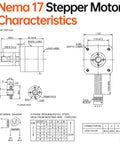 Front and side view technical drawing of NEMA 17 stepper motor with TR8x8 lead screw and 4-wire cable.