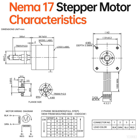Front and side view technical drawing of NEMA 17 stepper motor with TR8x8 lead screw and 4-wire cable.
