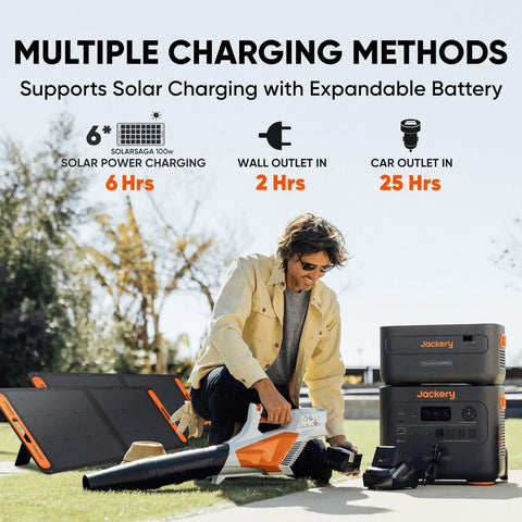 Man charging Go-To High Capacity Portable Power Station With 2042Wh LiFePO4 Battery, 3000W AC Output, Solar Generator outdoors