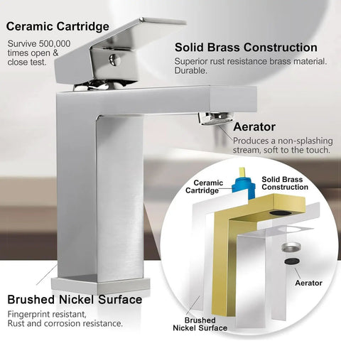 Diagram showing Dope Brushed Nickel One Hole Bathroom Faucet Built From Solid Brass With Pop Up Drain Stopper structure and features.