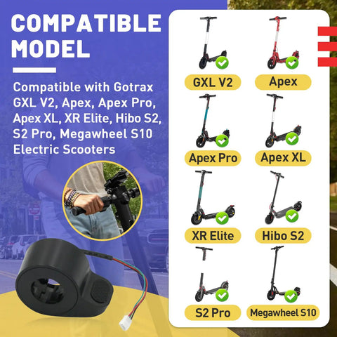 Compatible models for Universal Thumb Throttle for Electric Scooters; Gotrax GXL V2, Hibo S2/S2 Pro, Megawheel S10.